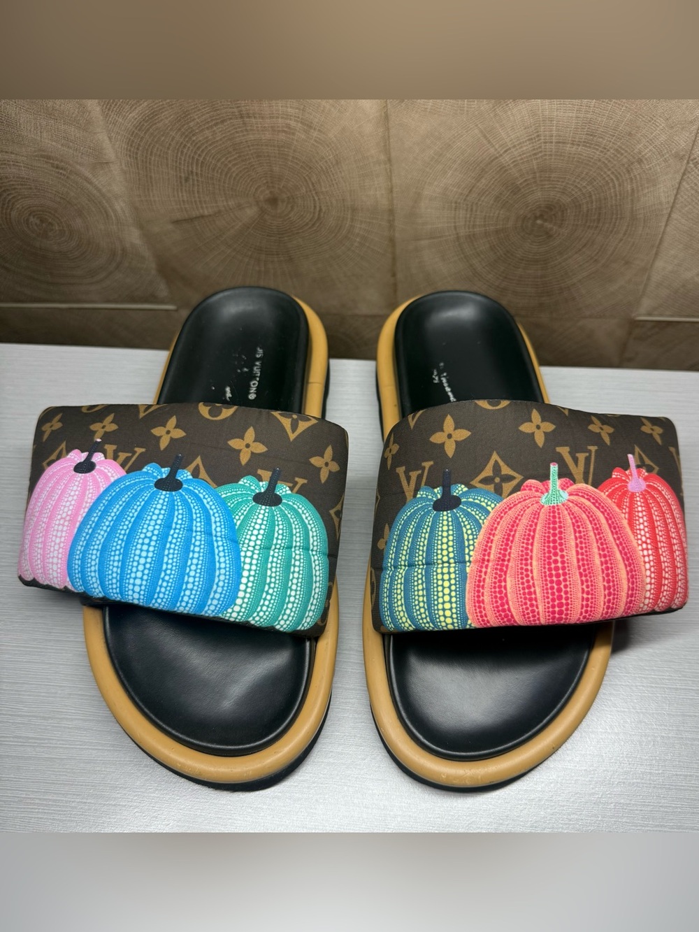 Michael Kors Brown Monogram Slide Sandals with Multicolor Pumpkin Motif